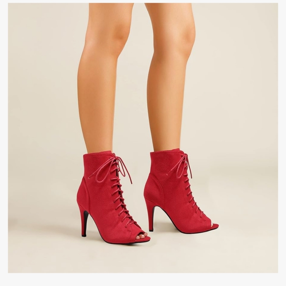 Red Lace-up Open Toe Booties - Picture 5 of 5
